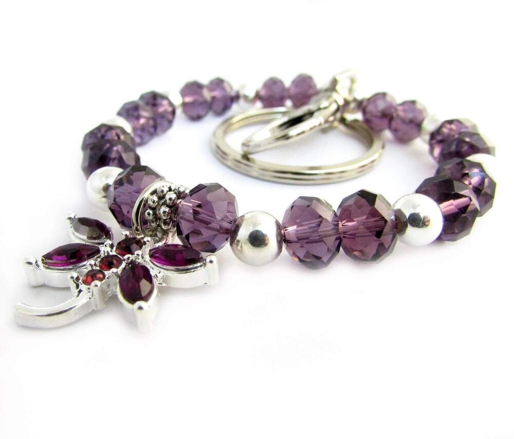 3130 Dragonfly Keychain Bracelet - Purple Crystal Keychain - Dragonfly